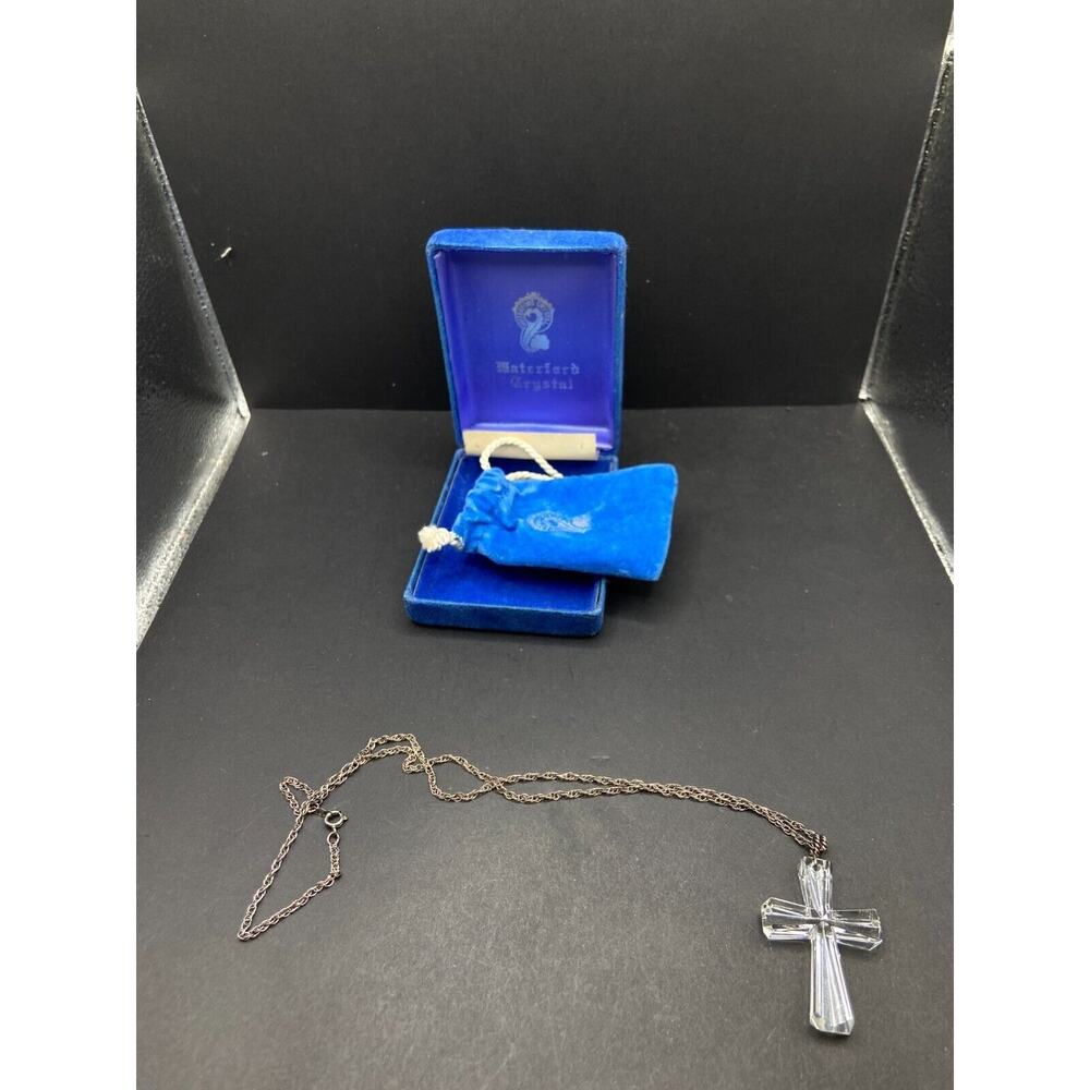 Waterford Crystal Cross Pendant Necklace 925 Sterling Silver Chain w/ Bag & Box
